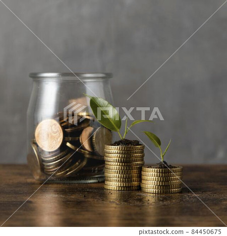 front view two stacks coins with plants jar. High quality photo 84450675