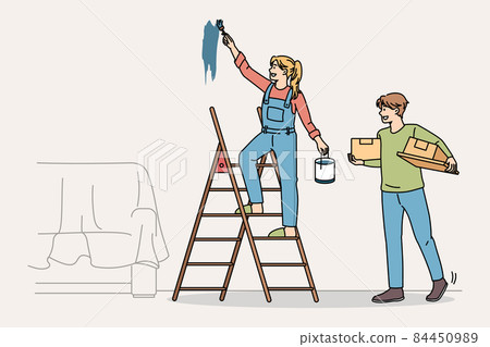 Happy couple decorate repair house together 84450989