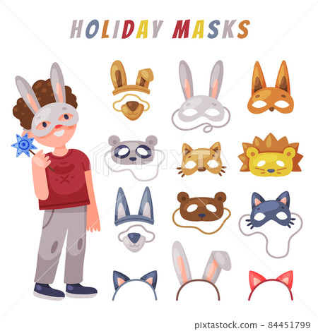 Party Birthday Photo Booth Props and Happy Little Boy Vector Set 84451799