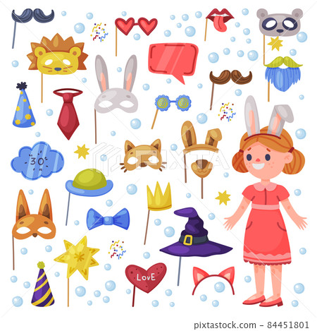 Party Birthday Photo Booth Props and Happy Little Girl Vector Set Party Birthday Photo Booth Props and Happy Little Girl Vector Set 84451801