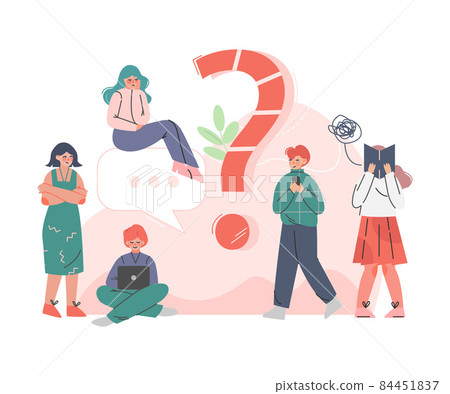 Puzzled People Character Asking Question and Searching for Answer Around Interrogation Mark Vector Illustration 84451837
