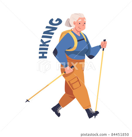 Alzheimer Prevention with Elderly Woman with Backpack Hiking or Trekking Vector Illustration Alzheimer Prevention with Elderly Woman with Backpack Hiking or Trekking Vector Illustration 84451850