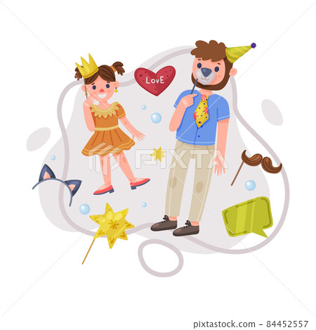 Little Girl with Dad Wearing Party Birthday Photo Booth Props Standing and Smiling Vector Illustration 84452557