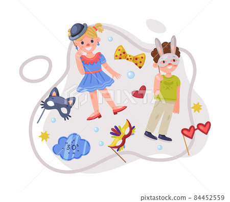 Little Boy and Girl Character Wearing Party Birthday Photo Booth Props Standing and Smiling Vector Illustration 84452559