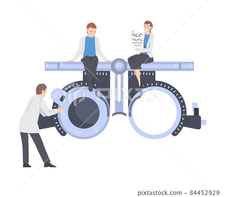 Ophthalmology with Health Care Professional Near Huge Refractometer Engaged in Eye Examination and Sight Test Vector Illustration Ophthalmology with Health Care Professional Near Huge Refractometer Engaged in Eye Examination and Sight Test Vector Illustration 84452929