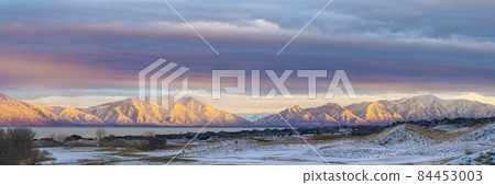 Beautiful alpenglow view of Mount Timpanogos Wasatch mountains at Saratoga Springs, Utah 84453003