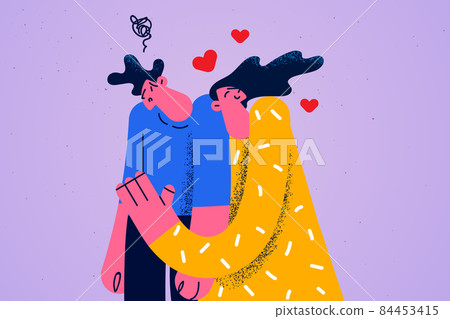 Woman hug embrace man feeling confused Woman hug embrace man feeling confused 84453415