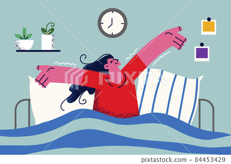 Happy woman wake up in bed at home in morning Happy woman wake up in bed at home in morning 84453429