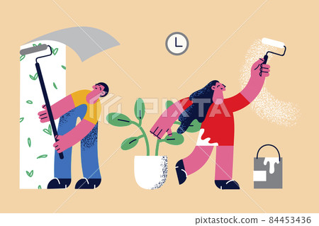 Happy couple redecorate home interior together  84453436