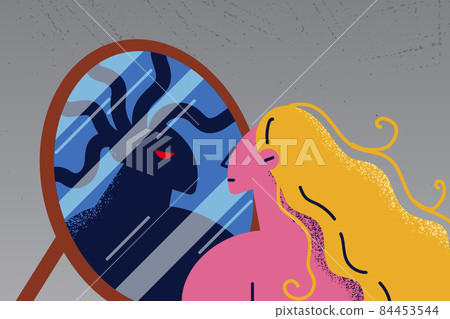 Woman look in mirror see shadow evil reflection Woman look in mirror see shadow evil reflection 84453544