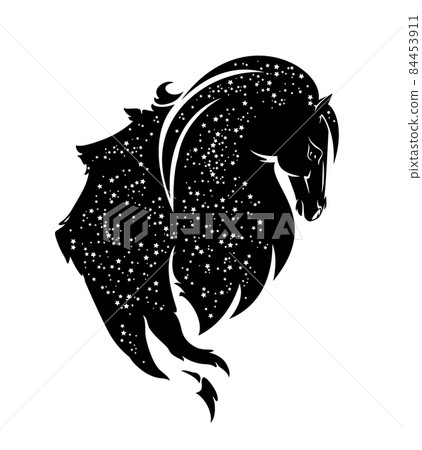 pegasus winged horse spirit with stars in long mane black and white vector silhouette head portrait 84453911