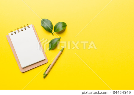 eco-friendly Empty notebook with pen and green leaf on Colored background for note 84454549