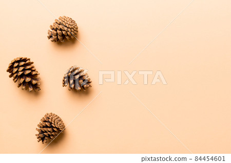 Christmas pine cones on colored paper border composition. Christmas, New Year, winter concept. Flat lay, top view, copy space Christmas pine cones on colored paper border composition. Christmas, New Year, winter concept. Flat lay, top view, copy space 84454601