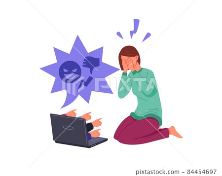 Online bullying. Depressed girl crying near laptop, cyber abuse, vector illustration 84454697