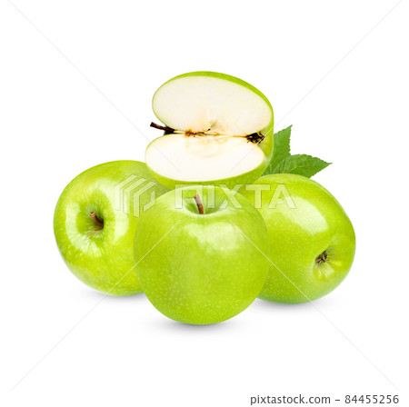 Fresh green apple with leaves isolated on white background Fresh green apple with leaves isolated on white background 84455256