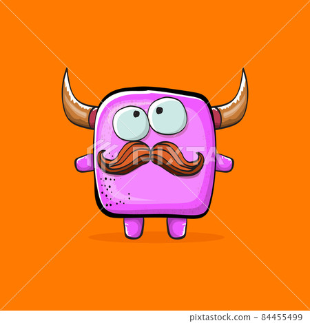 Vector cartoon funny pink monster with horn isolated on orange background. Smiling silly pink monster print sticker design template. Ghost, troll, gremlin, goblin, devil and monster Vector cartoon funny pink monster with horn isolated on orange background. Smiling silly pink monster print sticker design template. Ghost, troll, gremlin, goblin, devil and monster 84455499