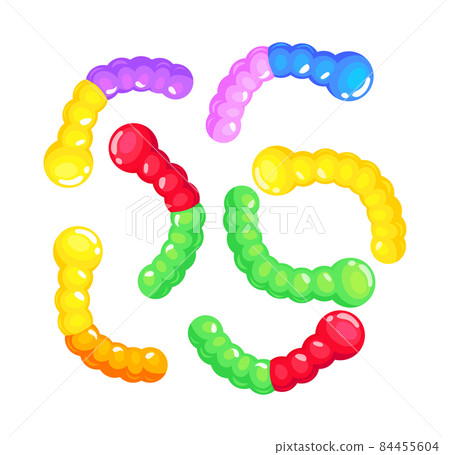 Jelly worms. Set cartoon Gummy candies, marmalade colorful sweets for kids, sugar food, flat icons abstract vector Jelly worms. Set cartoon Gummy candies, marmalade colorful sweets for kids, sugar food, flat icons abstract vector 84455604