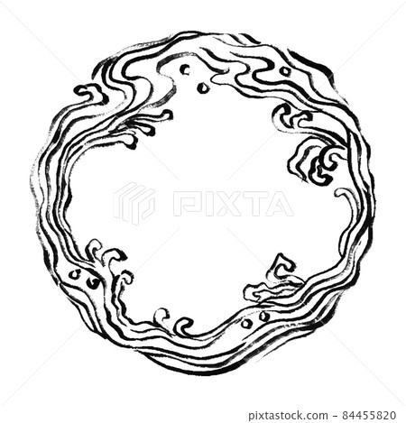 Monochrome Japanese style illustration, dynamic wave of ring-shaped ink brush, sea, Japanese wave, round brush, brush, splash, line drawing, curve 84455820