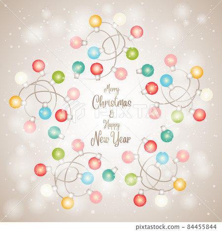 Merry Christmas and Happy New Year greeting card design with Christmas lights string background. Colorful glowing magic Christmas lights Merry Christmas and Happy New Year greeting card design with Christmas lights string background. Colorful glowing magic Christmas lights 84455844