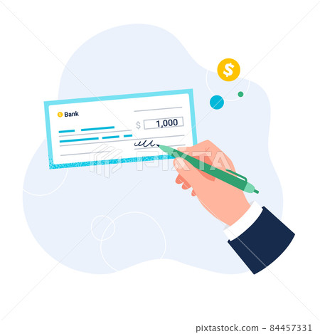 Hand fills empty fields on the bank cheque. Vector flat illustration isolated on the white background. 84457331