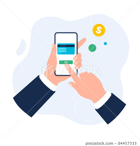 Payment by mobile phone or app. Vector flat illustration isolated on the white background. 84457333