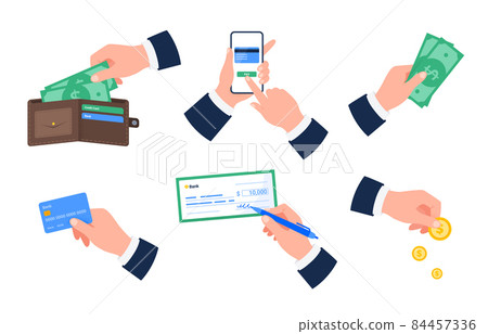 Set of different payment options. Hands with cash, mobile banking, credit card, check, coins. Vector flat illustrations. 84457336