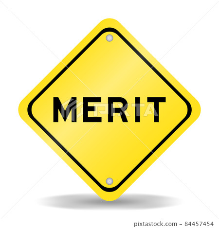 Yellow color transportation sign with word merit on white background Yellow color transportation sign with word merit on white background 84457454