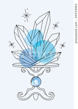 Vector bright lineart sketch blue quartz crystals on a stand. Pixiecore and fairycore 84459463