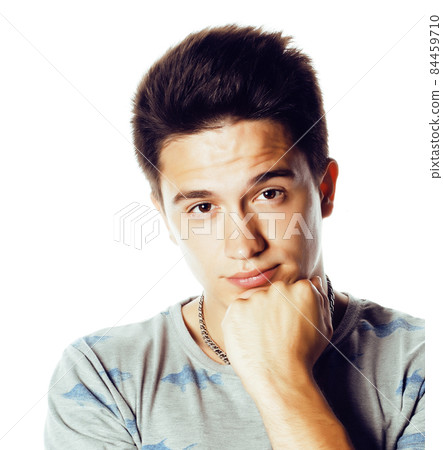 young attractive man isolated thinking emotional on white close up gesturing smiling, lifestyle people concept 84459710
