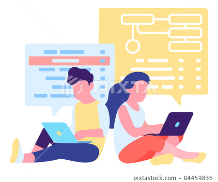 Man and woman coding together. Pair programming concept Man and woman coding together. Pair programming concept 84459836