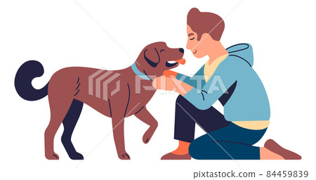 Boy cuddle pet. Young man playing with brown dog Boy cuddle pet. Young man playing with brown dog 84459839