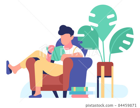 Reading man sitting in armchair with book... - Stock Illustration ...