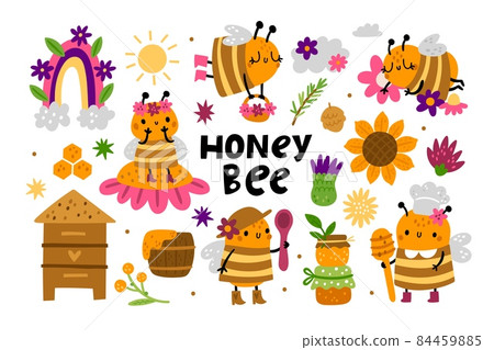 Cute honey apiary. Funny little buzzing bees fly, collect honey and sit on flowers, kids adorable doodle insects characters. Sunflower, beehives, and rainbow, vector cartoon isolated set Cute honey apiary. Funny little buzzing bees fly, collect honey and sit on flowers, kids adorable doodle insects characters. Sunflower, beehives, and rainbow, vector cartoon isolated set 84459885