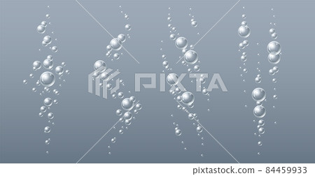 Fizzy drink bubbles. Realistic underwater transparent balls jets. Soda, champagne air balloons, sparkling water with oxygen, carbonation process. Pure aerated liquid, vector isolated set 84459933