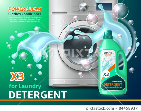 Laundry service. Realistic steel washing machine with detergent, water splashes and flying soap bubbles. Professional cleaning and caring of clothes advertising banner, vector concept 84459937