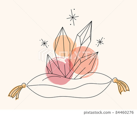 Vector bright lineart sketch coral orange pink quartz crystals on a pillow. Pixiecore and fairycore Vector bright lineart sketch coral orange pink quartz crystals on a pillow. Pixiecore and fairycore 84460276