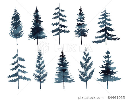 Set of watercolor pines and firs isolated on white background 84461035