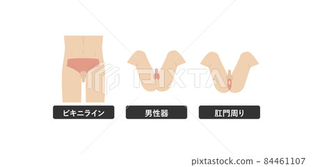 Image illustration of white background indicating the location of the lower body VIO of the hair removal esthetics of a young Asian man 84461107