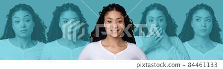 Beautiful mixed race woman showing various emotions, collage Beautiful mixed race woman showing various emotions, collage 84461133