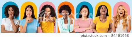 Different emotions of black, caucasian, european women isolated on multicolored background, show gestures and signs 84461968