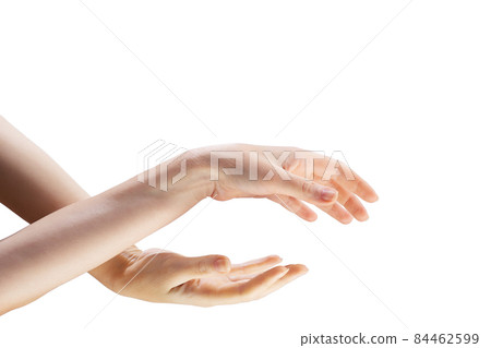 Two beautiful female hands connect to each other on a white background Two beautiful female hands connect to each other on a white background 84462599