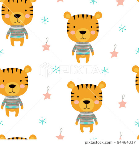 seamless winter pattern with cute cartoon tiger 84464337