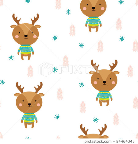 seamless winter pattern with cute cartoon deer 84464343