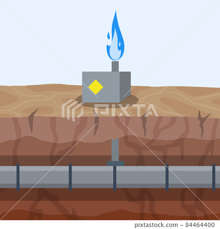 Gas pipeline and equipment. Gasmain with blue fire. Industrial transportation of gas in pipe underground. Cross-sectional view. Flat infographics Gas pipeline and equipment. Gasmain with blue fire. Industrial transportation of gas in pipe underground. Cross-sectional view. Flat infographics 84464400
