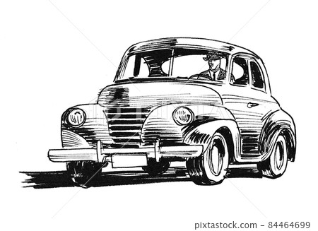 Ink black and white sketch of a vintage car 84464699