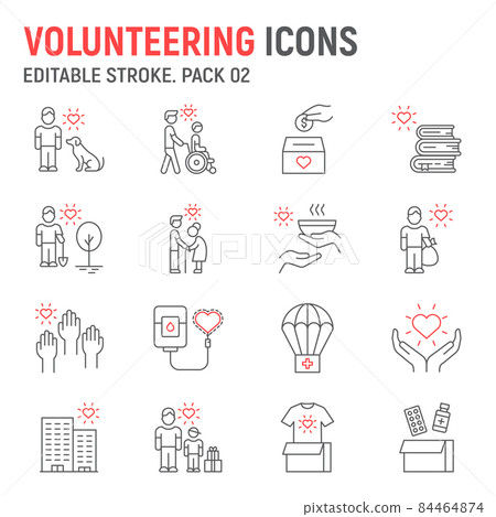 Volunteering line icon set, charity collection, vector graphics, logo illustrations, volunteering vector icons, humanitarian signs, outline pictograms, editable stroke Volunteering line icon set, charity collection, vector graphics, logo illustrations, volunteering vector icons, humanitarian signs, outline pictograms, editable stroke 84464874