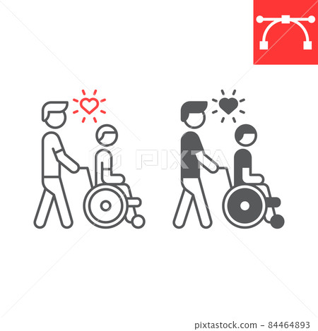 Disabled people help line and glyph icon, caretaker and volunteering, man take wheelchair man vector icon, vector graphics, editable stroke outline sign, eps 10. Disabled people help line and glyph icon, caretaker and volunteering, man take wheelchair man vector icon, vector graphics, editable stroke outline sign, eps 10. 84464893