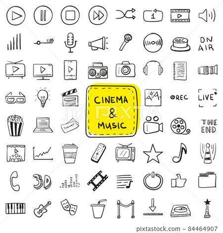 Hand drawn icon set cinema and music in doodle style isolated Hand drawn icon set cinema and music in doodle style isolated 84464907