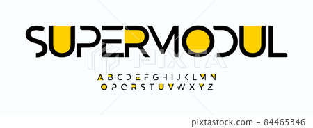 Geometric futuristic font with yellow spots, modules in letters. Creative logo and headline alphabet. Vector typography design 84465346