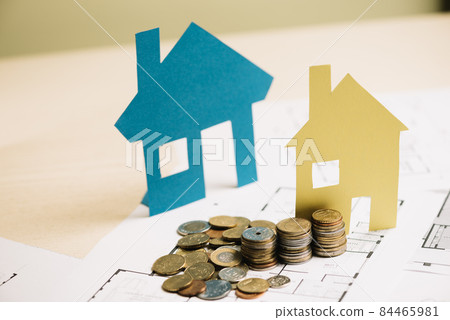 stack coins paper houses. High quality photo 84465981